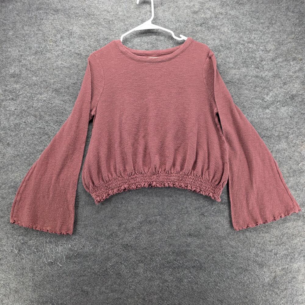 Madewell Blouse Womens L Pink Cropped Bell Sleeve Crew Neck Ruffle Knit